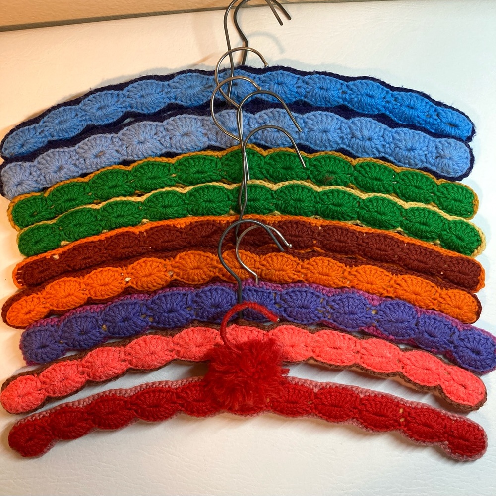 Lot of 9 Vintage Crochet Covered Wooden Clothes Hangers Swivel Hook 70's